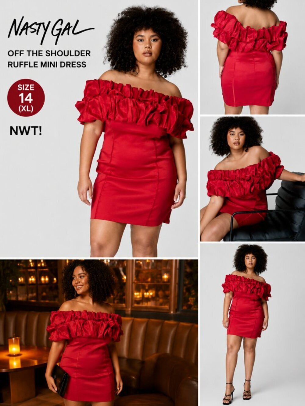 Nasty Gal Red Satin Off Shoulder Ruffle Mini Dress Plus Size 14 XL NWT